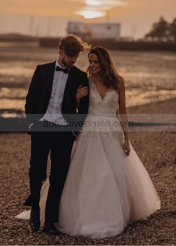 Beaded Ivory Lace Tulle V Back Sparkly Wedding Dress Beaded Ivory Lace Tulle V Back Sparkly Wedding Dress